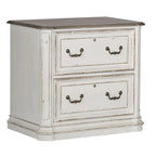 Classeur latéral antique blanc avec 2 tiroirs à extension complète verrouillables et pieds tournés, assemblage par 1 personne