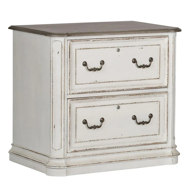 Classeur latéral antique blanc avec 2 tiroirs à extension complète verrouillables et pieds tournés, assemblage par 1 personne