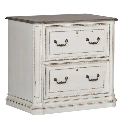 Classeur latéral antique blanc avec 2 tiroirs à extension complète verrouillables et pieds tournés, assemblage par 1 personne
