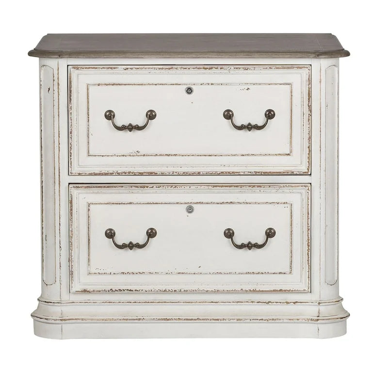 Classeur latéral antique blanc avec 2 tiroirs à extension complète verrouillables et pieds tournés, assemblage par 1 personne