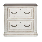 Classeur latéral antique blanc avec 2 tiroirs à extension complète verrouillables et pieds tournés, assemblage par 1 personne