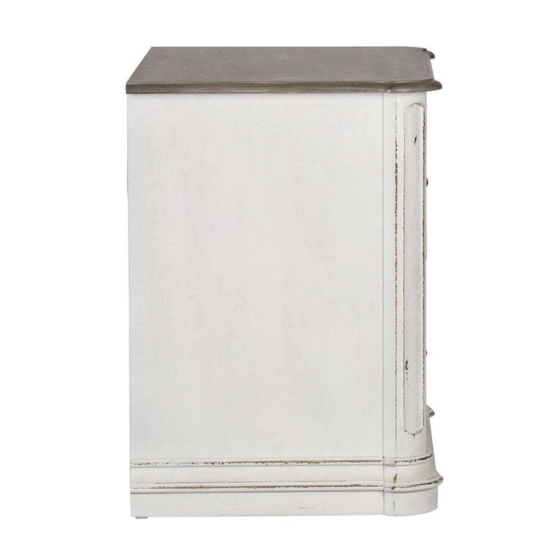 Classeur latéral antique blanc avec 2 tiroirs à extension complète verrouillables et pieds tournés, assemblage par 1 personne
