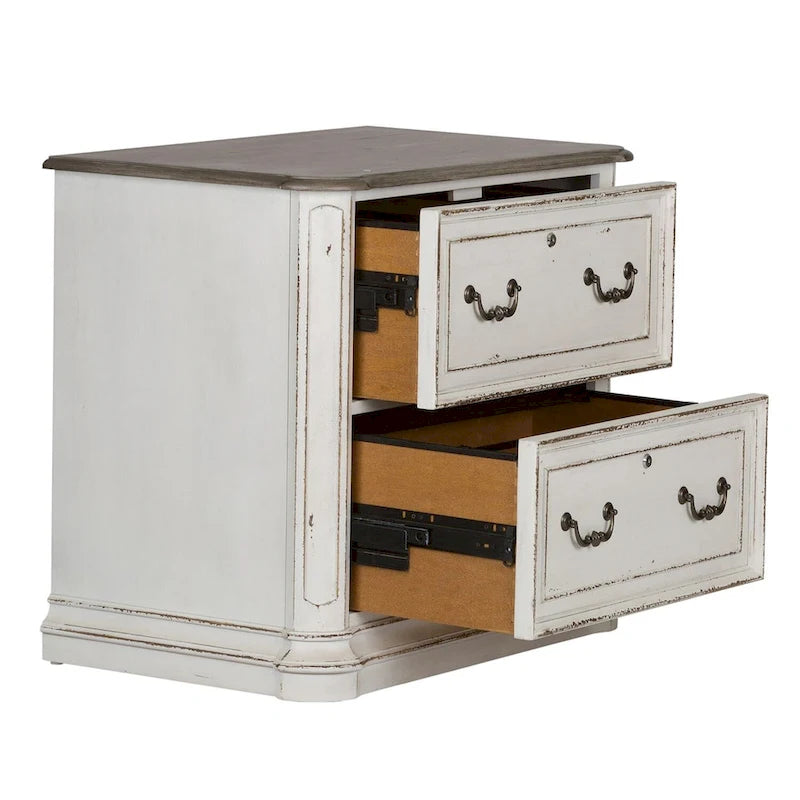 Classeur latéral antique blanc avec 2 tiroirs à extension complète verrouillables et pieds tournés, assemblage par 1 personne