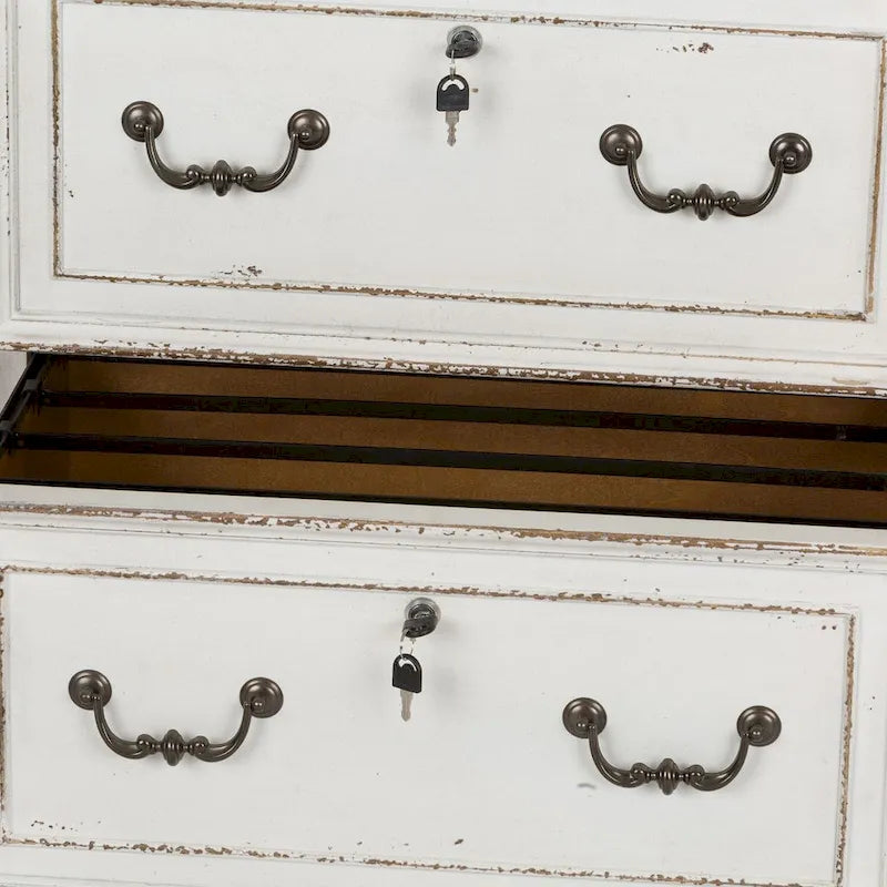 Classeur latéral antique blanc avec 2 tiroirs à extension complète verrouillables et pieds tournés, assemblage par 1 personne
