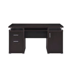Bureau informatique marron avec 2 tiroirs, placard et tablette coulissante pour clavier, assemblage par 1 personne