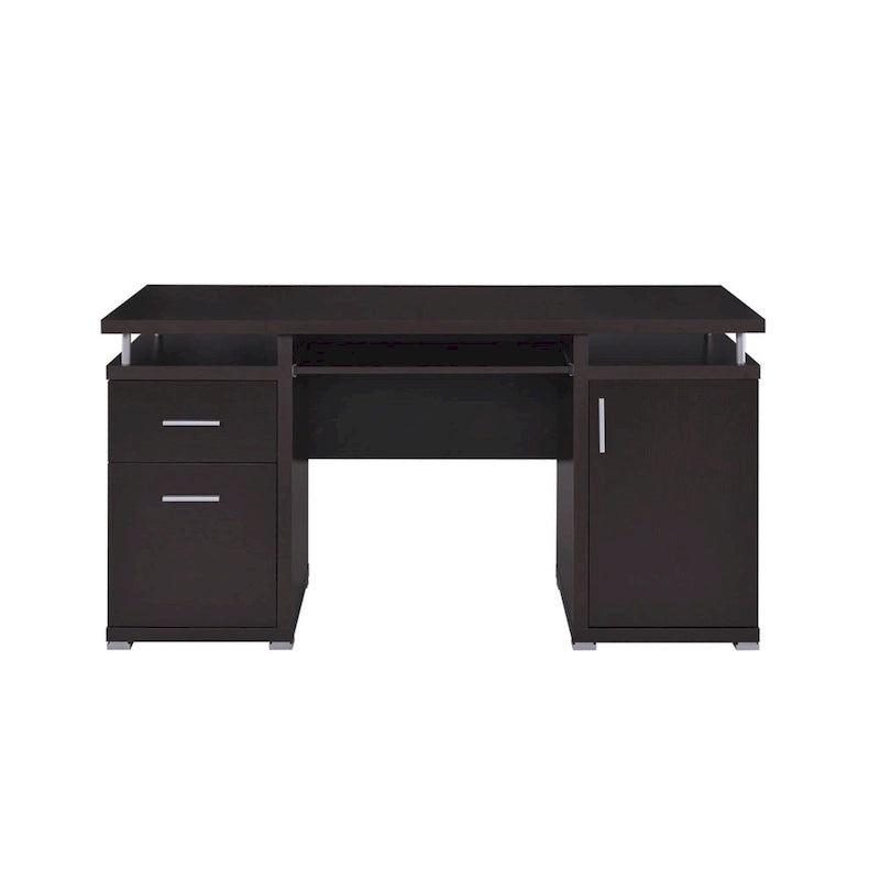 Bureau informatique marron avec 2 tiroirs, placard et tablette coulissante pour clavier, assemblage par 1 personne
