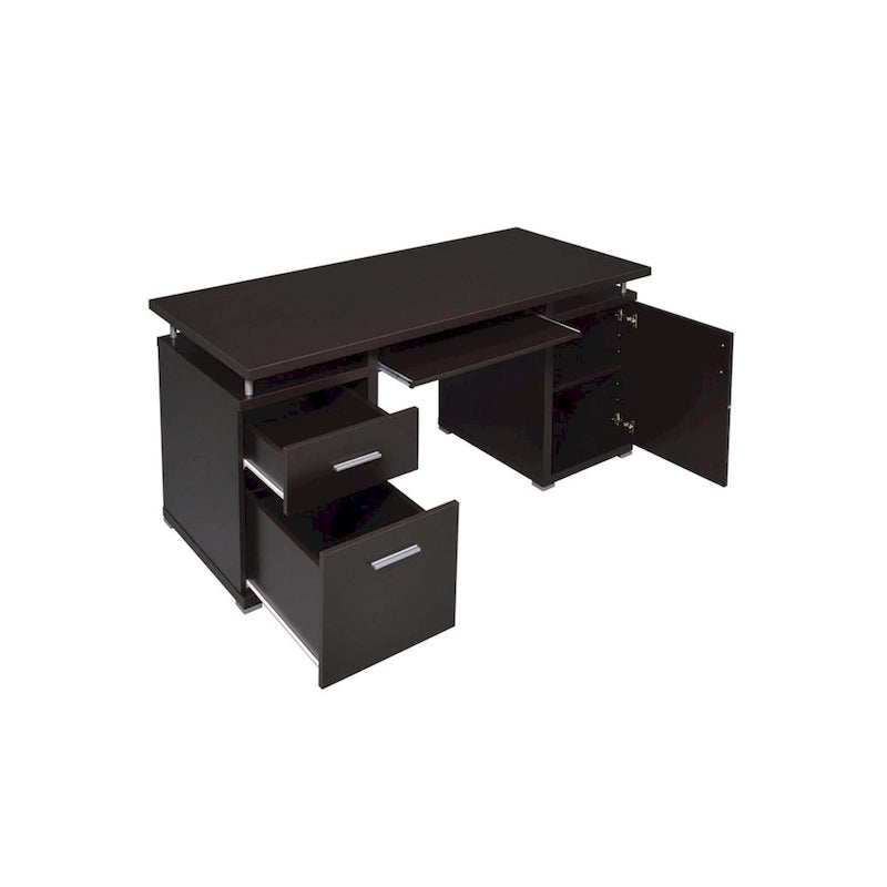 Bureau informatique marron avec 2 tiroirs, placard et tablette coulissante pour clavier, assemblage par 1 personne
