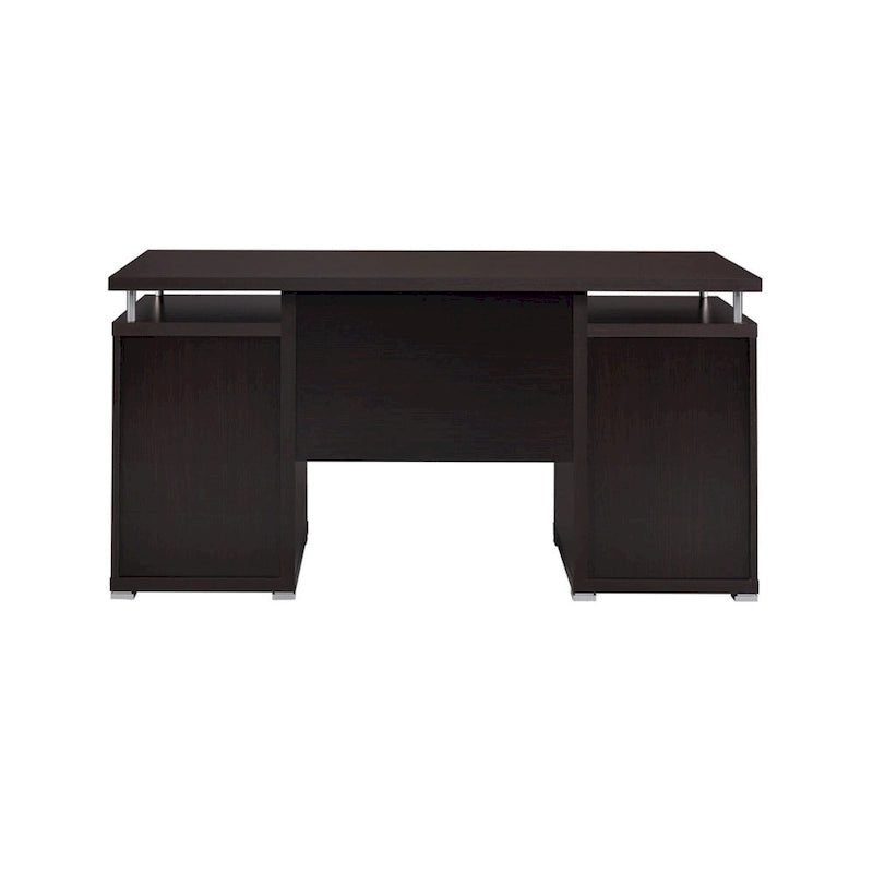 Bureau informatique marron avec 2 tiroirs, placard et tablette coulissante pour clavier, assemblage par 1 personne