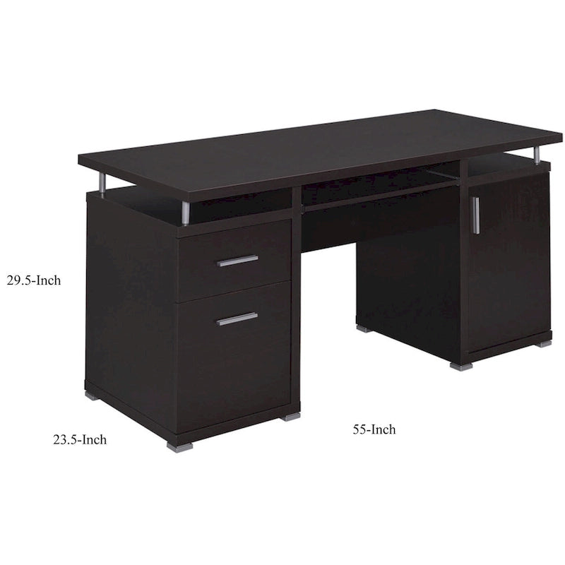 Bureau informatique marron avec 2 tiroirs, placard et tablette coulissante pour clavier, assemblage par 1 personne