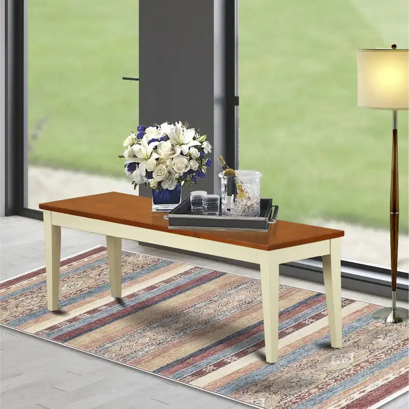 Banc de salle à manger en hévéa noir et cerisier / couleur crème et cerisier, avec assise en bois et base à 4 pieds, 2 places