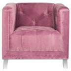 Fauteuil club une place en coton prune/blanc avec garniture cloutée argentée et pieds transparents