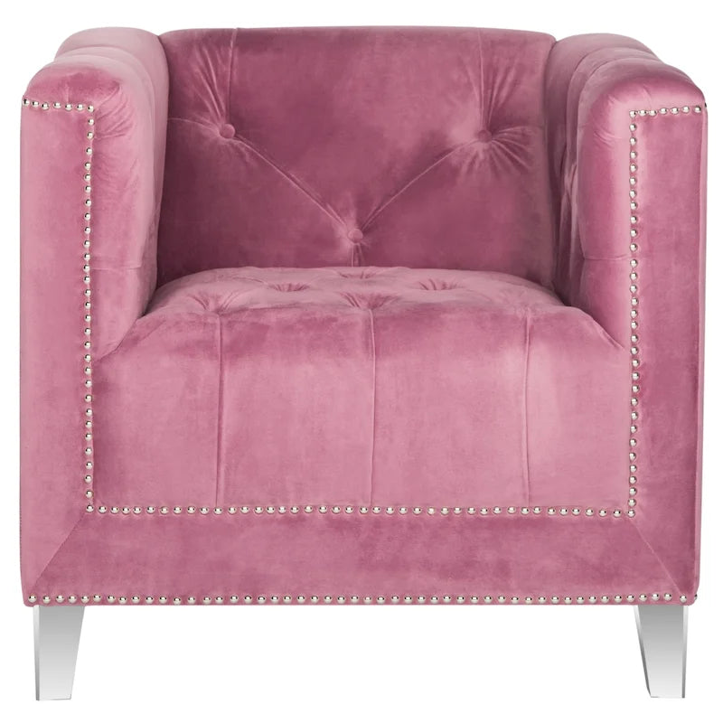 Fauteuil club une place en coton prune/blanc avec garniture cloutée argentée et pieds transparents