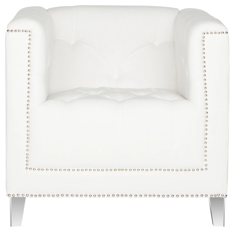 Fauteuil club une place en coton prune/blanc avec garniture cloutée argentée et pieds transparents