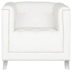 Fauteuil club une place en coton prune/blanc avec garniture cloutée argentée et pieds transparents