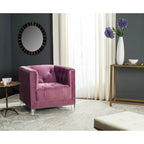 Fauteuil club une place en coton prune/blanc avec garniture cloutée argentée et pieds transparents