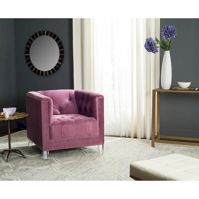 Fauteuil club une place en coton prune/blanc avec garniture cloutée argentée et pieds transparents