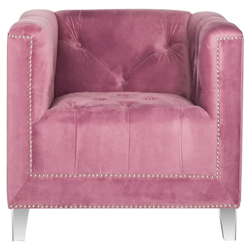 Fauteuil club une place en coton prune/blanc avec garniture cloutée argentée et pieds transparents