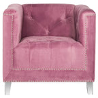 Fauteuil club une place en coton prune/blanc avec garniture cloutée argentée et pieds transparents