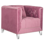 Fauteuil club une place en coton prune/blanc avec garniture cloutée argentée et pieds transparents