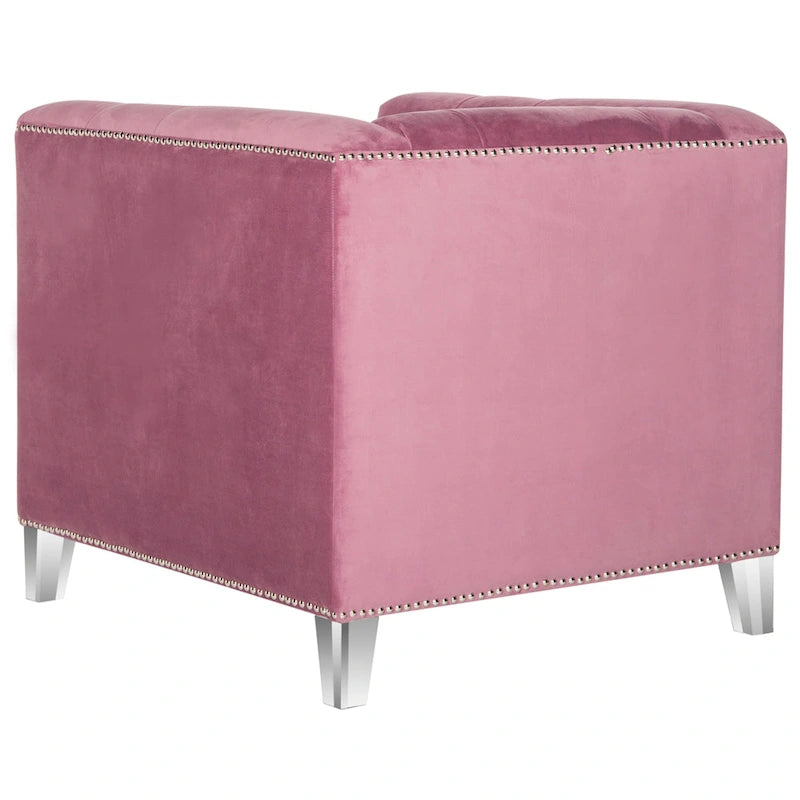 Fauteuil club une place en coton prune/blanc avec garniture cloutée argentée et pieds transparents