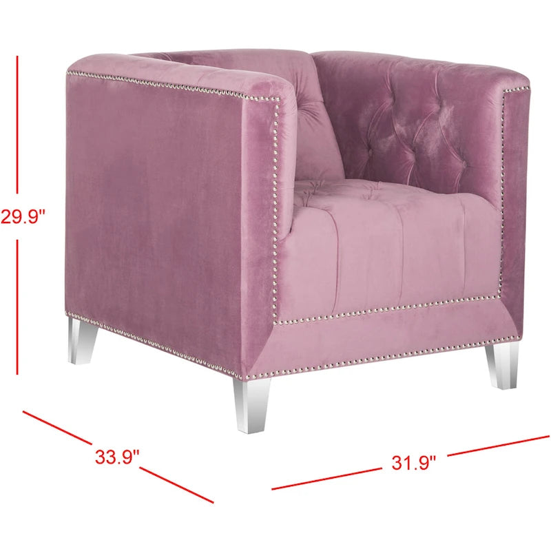 Fauteuil club une place en coton prune/blanc avec garniture cloutée argentée et pieds transparents