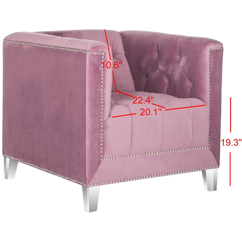 Fauteuil club une place en coton prune/blanc avec garniture cloutée argentée et pieds transparents