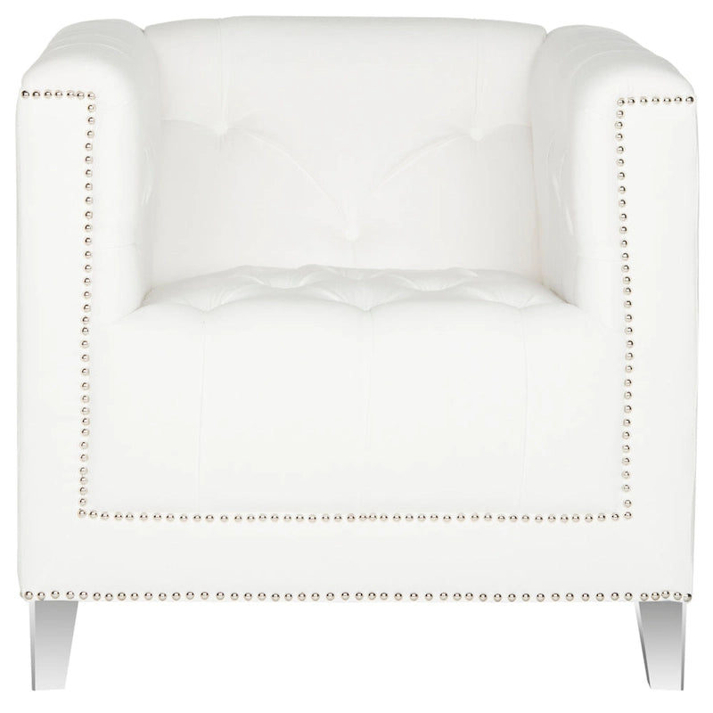 Fauteuil club une place en coton prune/blanc avec garniture cloutée argentée et pieds transparents