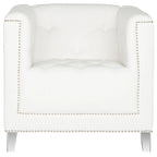 Fauteuil club une place en coton prune/blanc avec garniture cloutée argentée et pieds transparents