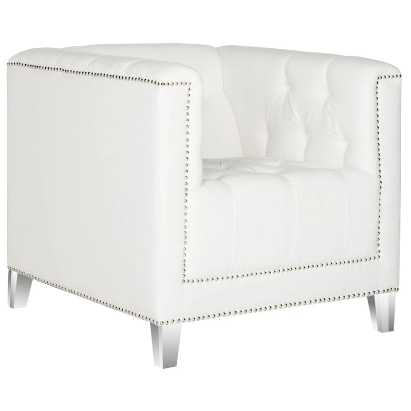 Fauteuil club une place en coton prune/blanc avec garniture cloutée argentée et pieds transparents