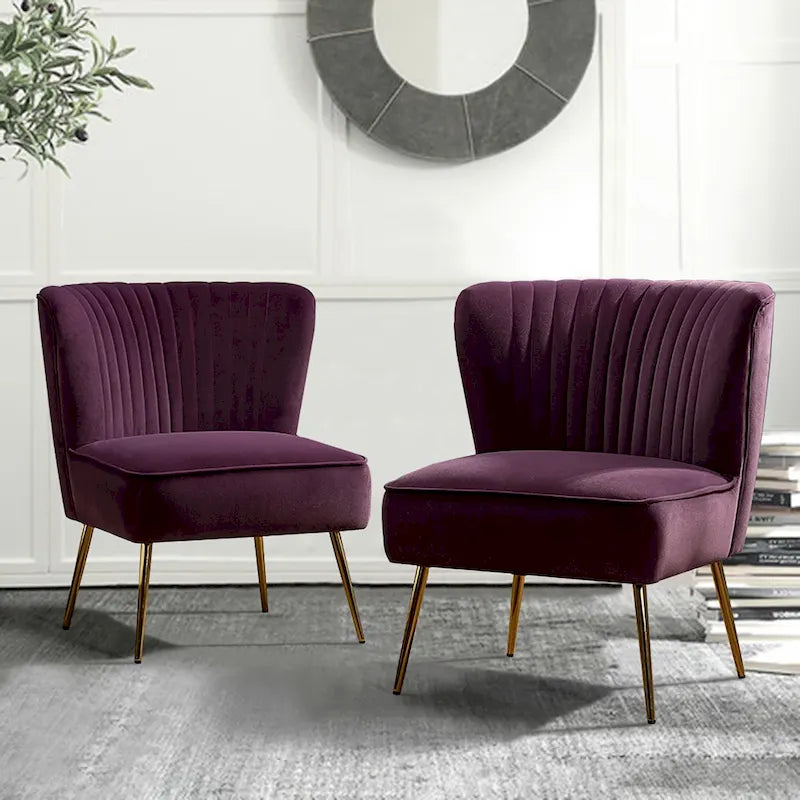 Fauteuil d'appoint sans accoudoirs en velours violet, avec dossier capitonné et pieds en métal doré, 1 place