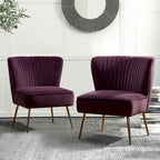 Fauteuil d'appoint sans accoudoirs en velours violet, avec dossier capitonné et pieds en métal doré, 1 place
