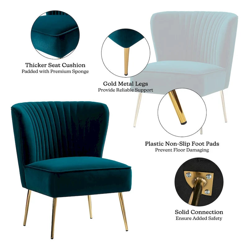 Fauteuil d'appoint sans accoudoirs en velours violet, avec dossier capitonné et pieds en métal doré, 1 place