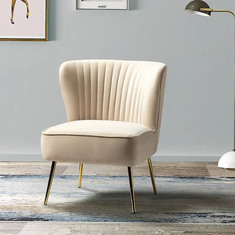 Fauteuil d'appoint sans accoudoirs en velours violet, avec dossier capitonné et pieds en métal doré, 1 place