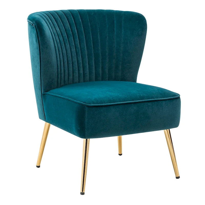 Fauteuil d'appoint sans accoudoirs en velours violet, avec dossier capitonné et pieds en métal doré, 1 place