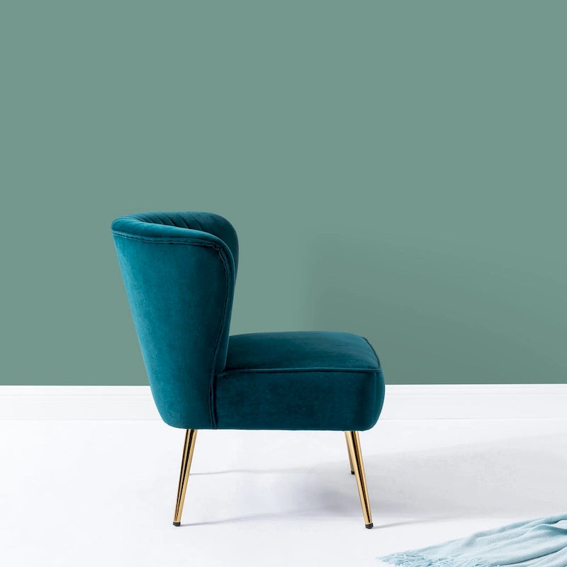 Fauteuil d'appoint sans accoudoirs en velours violet, avec dossier capitonné et pieds en métal doré, 1 place