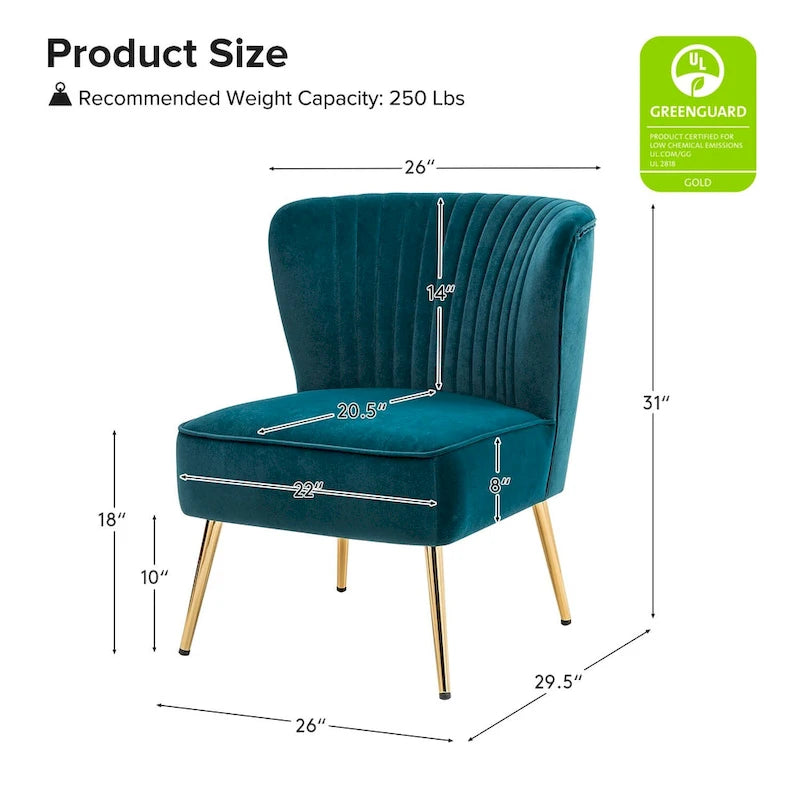 Fauteuil d'appoint sans accoudoirs en velours violet, avec dossier capitonné et pieds en métal doré, 1 place