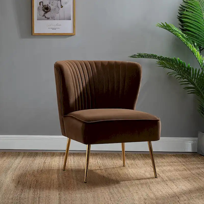 Fauteuil d'appoint sans accoudoirs en velours violet, avec dossier capitonné et pieds en métal doré, 1 place