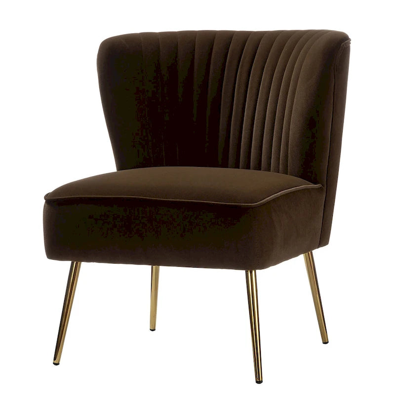 Fauteuil d'appoint sans accoudoirs en velours violet, avec dossier capitonné et pieds en métal doré, 1 place