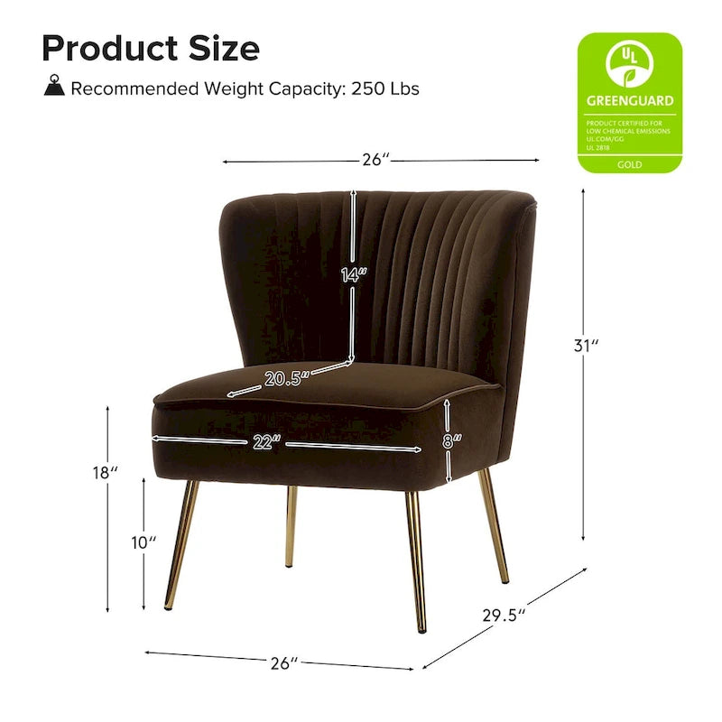 Fauteuil d'appoint sans accoudoirs en velours violet, avec dossier capitonné et pieds en métal doré, 1 place