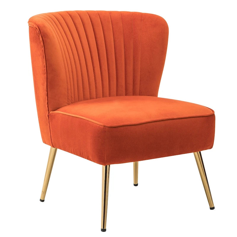 Fauteuil d'appoint sans accoudoirs en velours violet, avec dossier capitonné et pieds en métal doré, 1 place