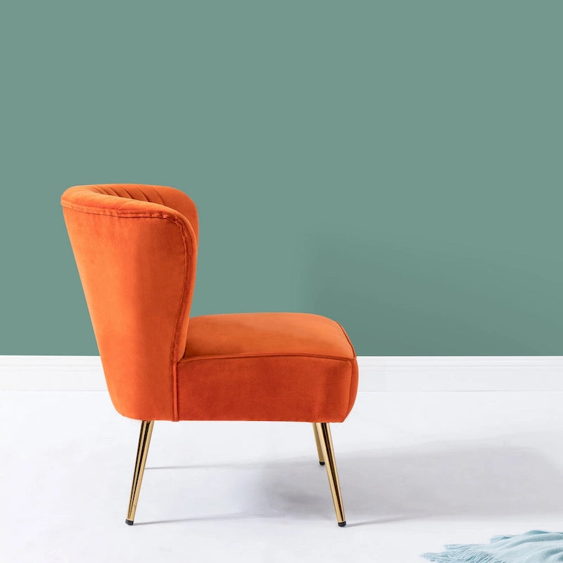 Fauteuil d'appoint sans accoudoirs en velours violet, avec dossier capitonné et pieds en métal doré, 1 place