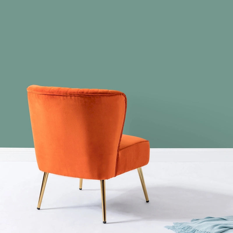 Fauteuil d'appoint sans accoudoirs en velours violet, avec dossier capitonné et pieds en métal doré, 1 place