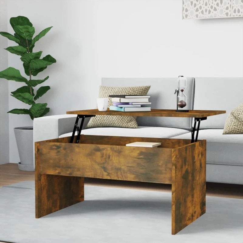 Table basse relevable multicolore avec rangement dissimulé, bois d'ingénierie, assemblage par 1 personne