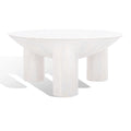 Table basse ronde en manguier massif, finition blanchie/naturelle, avec 3 pieds cylindriques, assemblage par 1 personne
