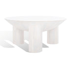 Table basse ronde en manguier massif, finition blanchie/naturelle, avec 3 pieds cylindriques, assemblage par 1 personne