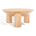 Table basse ronde en manguier massif, finition blanchie/naturelle, avec 3 pieds cylindriques, assemblage par 1 personne