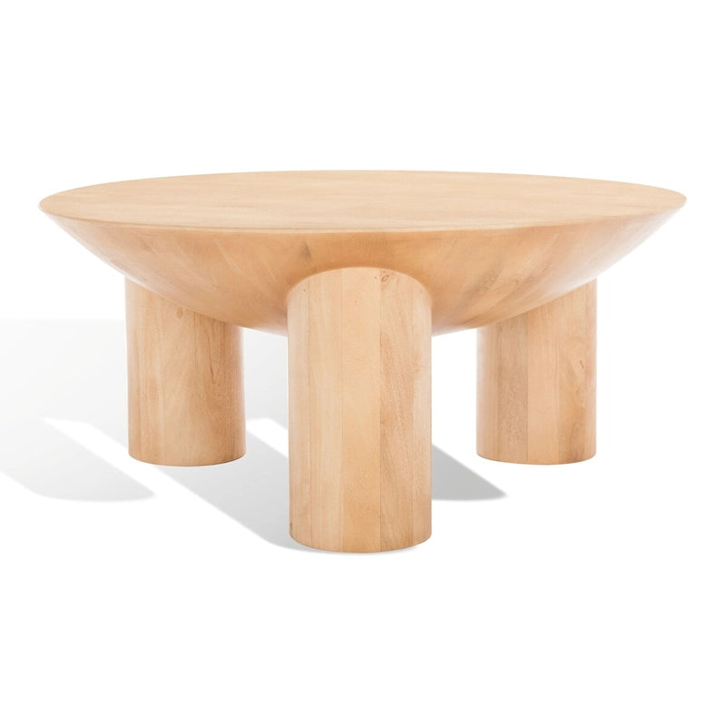 Table basse ronde en manguier massif, finition blanchie/naturelle, avec 3 pieds cylindriques, assemblage par 1 personne
