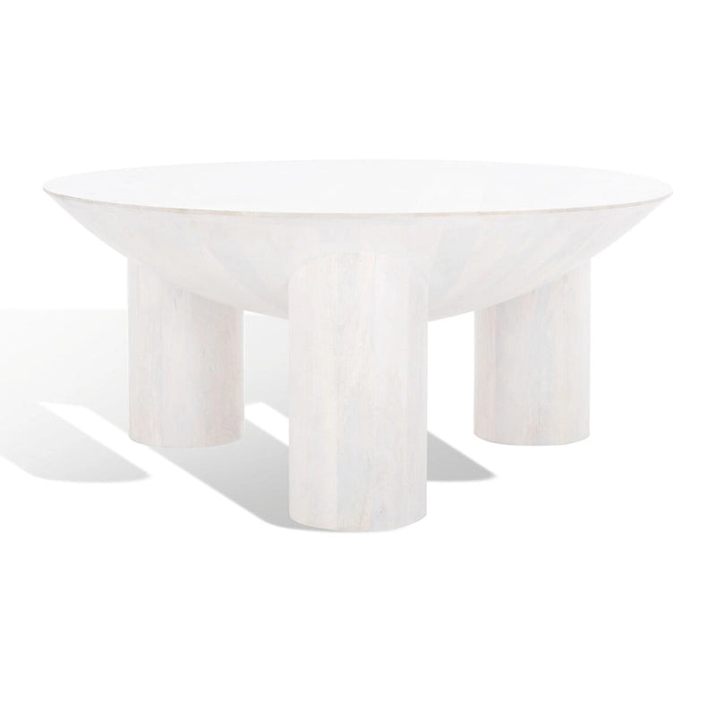 Table basse ronde en manguier massif, finition blanchie/naturelle, avec 3 pieds cylindriques, assemblage par 1 personne