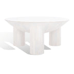 Table basse ronde en manguier massif, finition blanchie/naturelle, avec 3 pieds cylindriques, assemblage par 1 personne