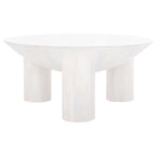 Table basse ronde en manguier massif, finition blanchie/naturelle, avec 3 pieds cylindriques, assemblage par 1 personne